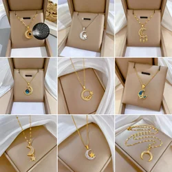Stainless Steel Simple Fashion Vintage Cubic Zircon Crescent Moon Pendant Necklace Jewelry For Women OX Horn Necklaces For Girl