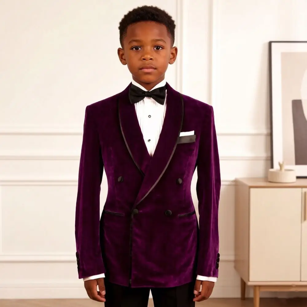 Red Velvet Child Suits for Boy Slim Fit 2 Pieces Double Breasted Suits Mix Match Groom For Prom Stage Performance Wedding