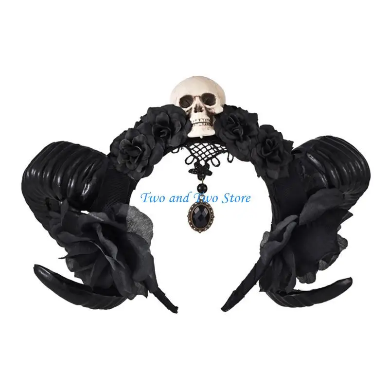 

HX6F Goth Devil Sheep Horn Headband with Flower Decor Cosplay Taking Photo Prop