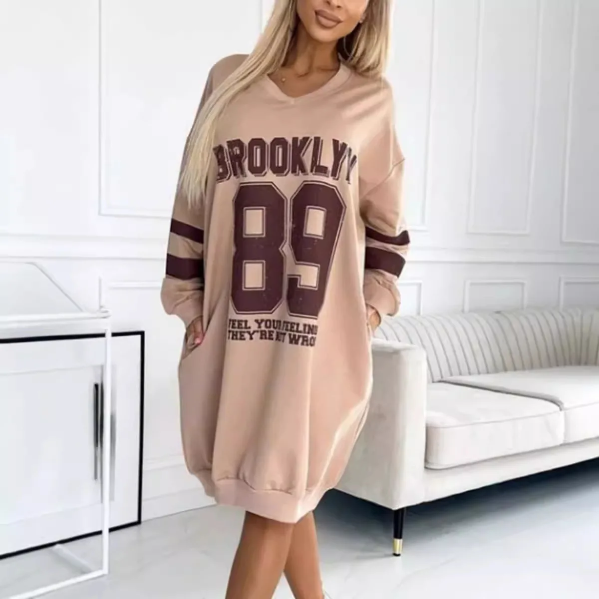 Summer New Print T-Shirt Dress For Women V-Neck Long Sleeve Sports Football Jersey Y2K Loose Oversized Top Fashion Hoodies Dress