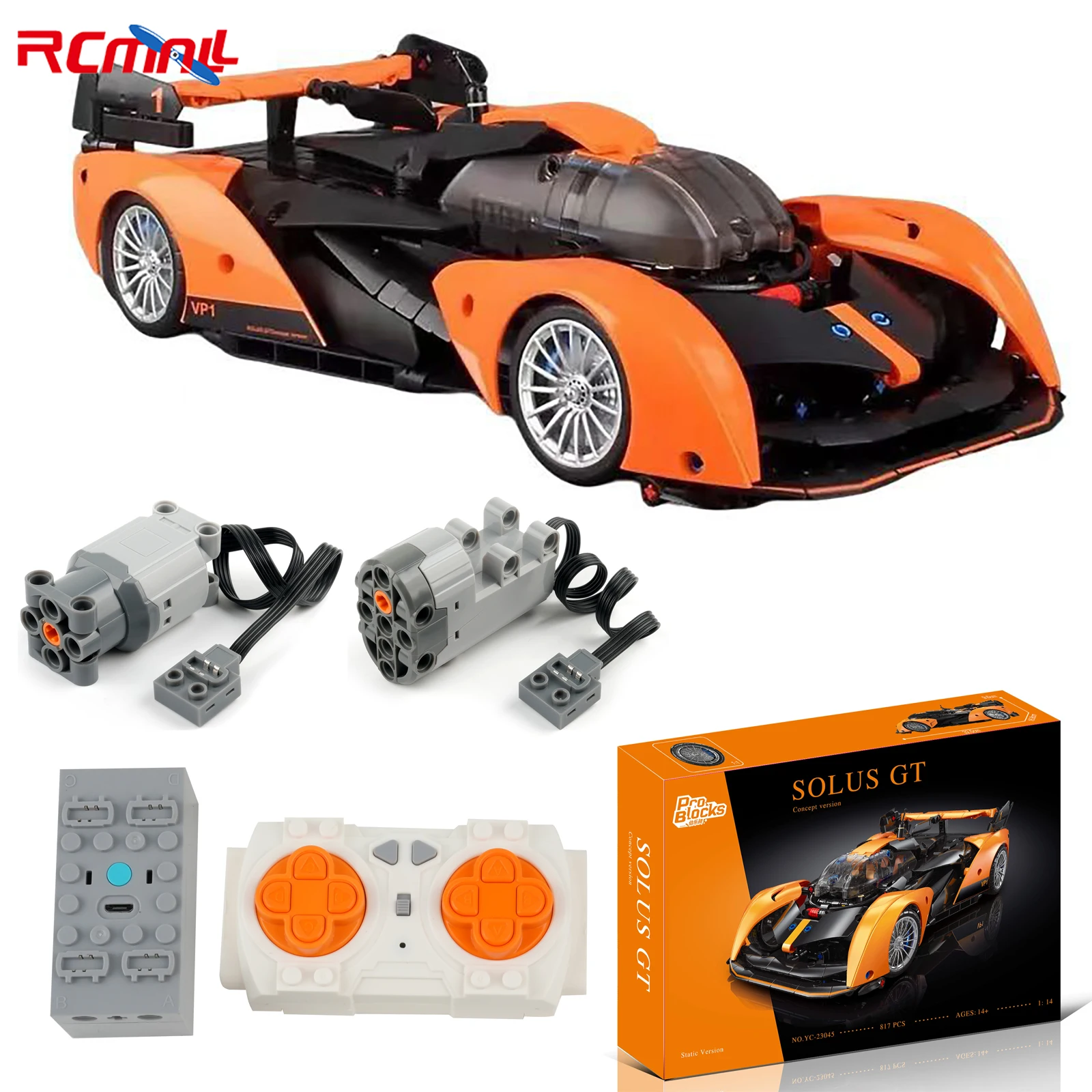 817PCS 1:14 Super Sports Car Model MOC Small Particle Assembled Building-Blocks Kit with 4CH RC APP-Programming Power Set