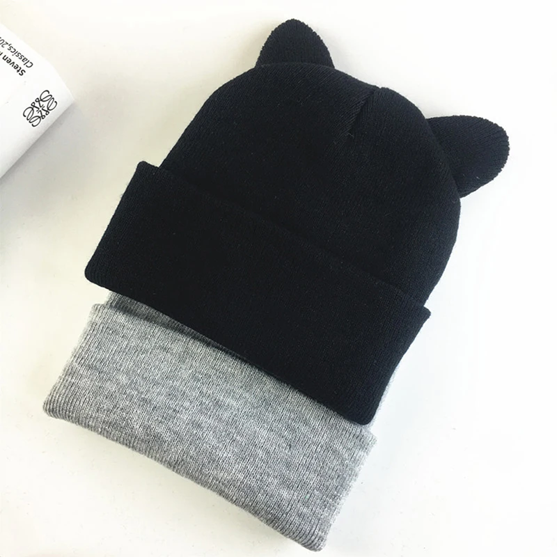 Lovely Warm Winter Casual Skullies Beanies Hat Hot Fashion Design Wool Cap Hat Gray White Cute Cat Ears Knitted Hat