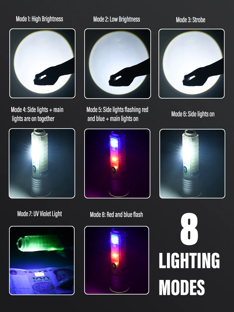 LED Flashlight with White/red/blue/purple Side Light Super Bright and Strong Magnets 30W LED Wick Lighting for 1500 Meters