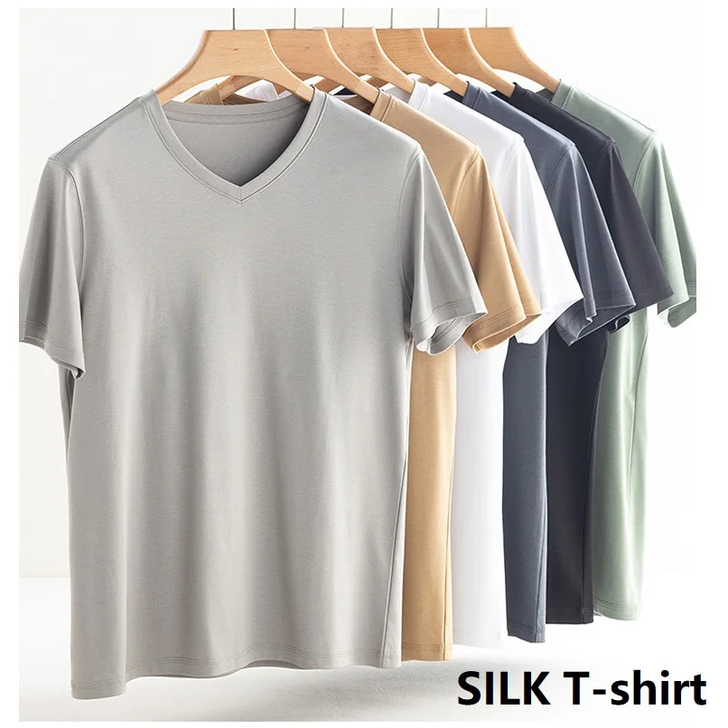 

high quality silk t shirt men summer tee shirts mens clothes tshirt white top vintage clothing streetwear luxury man tshirts v