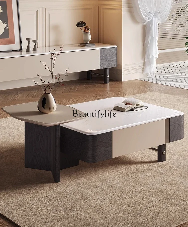 05-ls 18Modern Minimalist Microcrystalline Stone Coffee Table Italian Style Light Luxury with Drawer Coffee Table