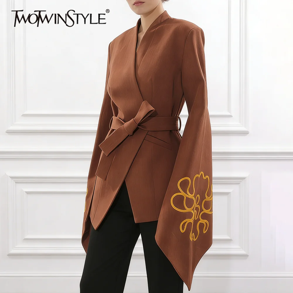 

TWOTWINSTYLE Brown Spliced Lace Up Jacket Female V Neck Long Sleeve Slimming French Commute Women's Jackets Autumn Fashion New