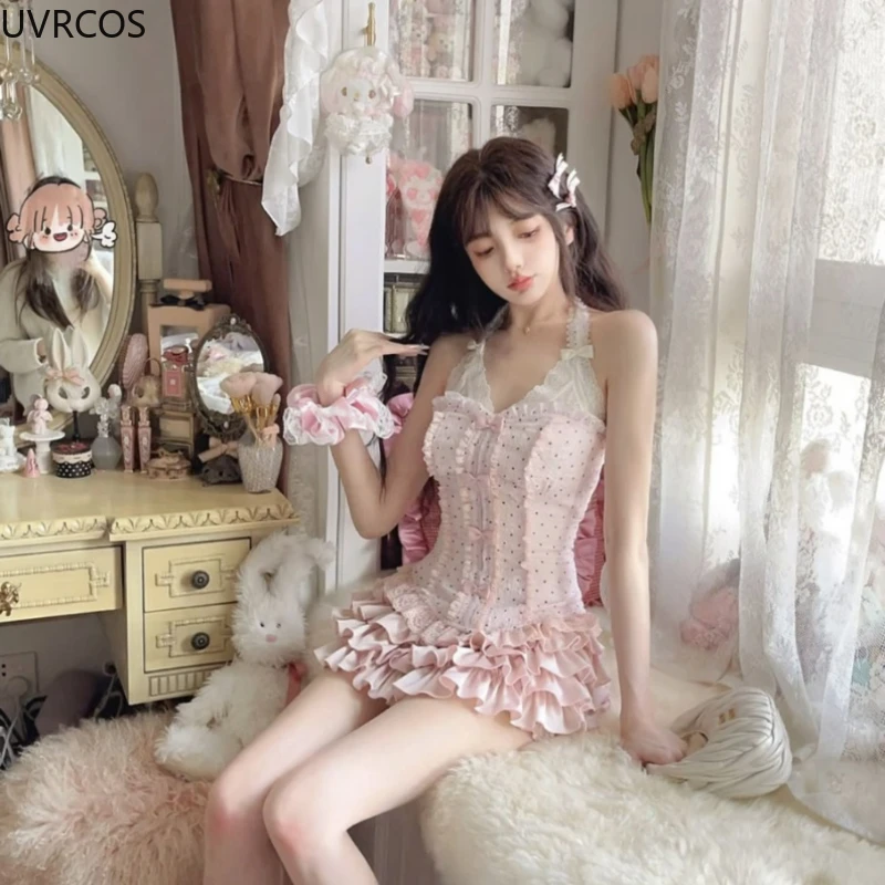 Sweet Lolita Style 2 pezzi Set donna Kawaii Bow Lace Halter Neck top Ruffles Mini Cake gonne moda femminile Gothic Y2k Outfit