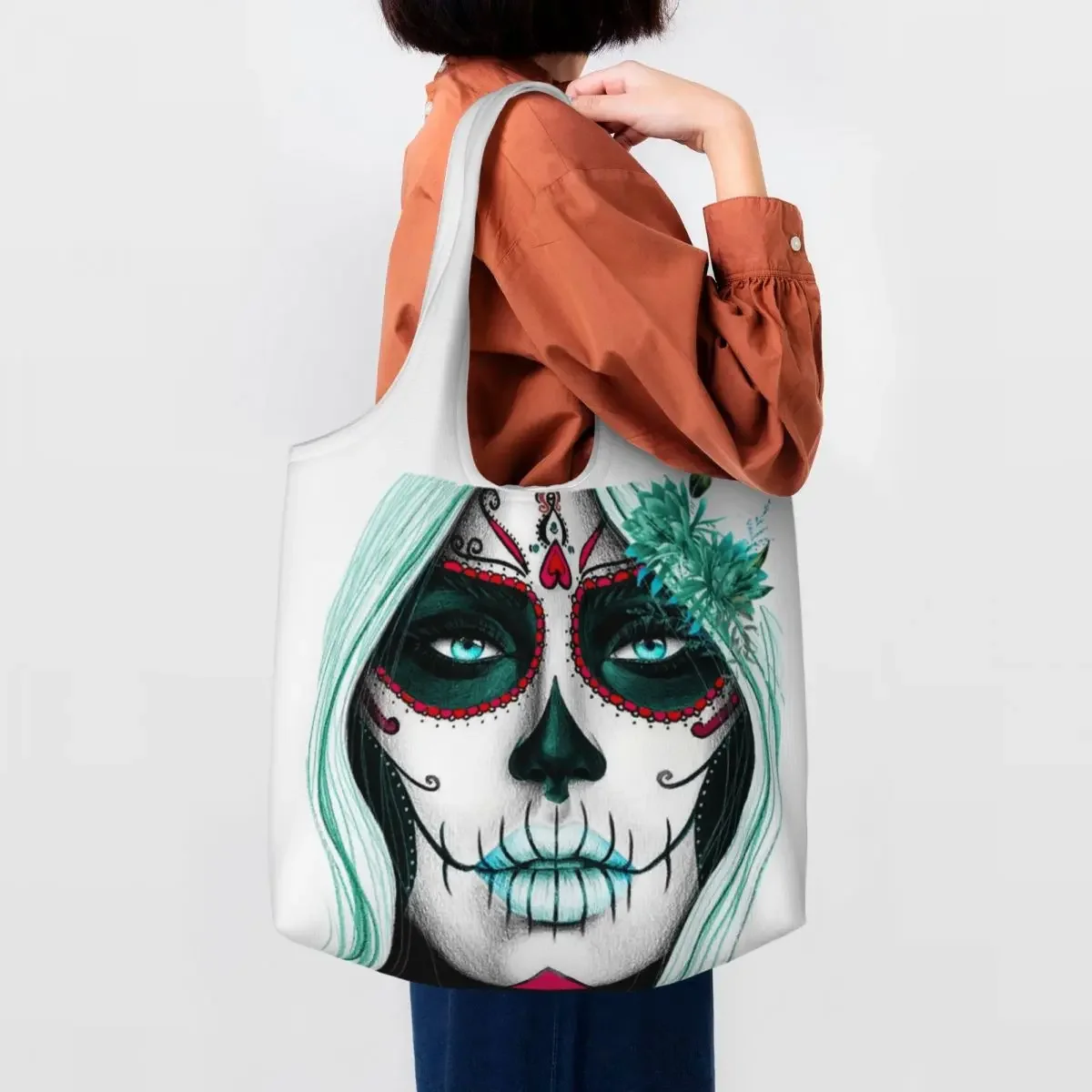 Day Of The Dead Sugar Skull Girl Shopping Tote Bag Reusable Horror Mexican Calavera Catrina Grocery Canvas Shoulder Shopper Bag