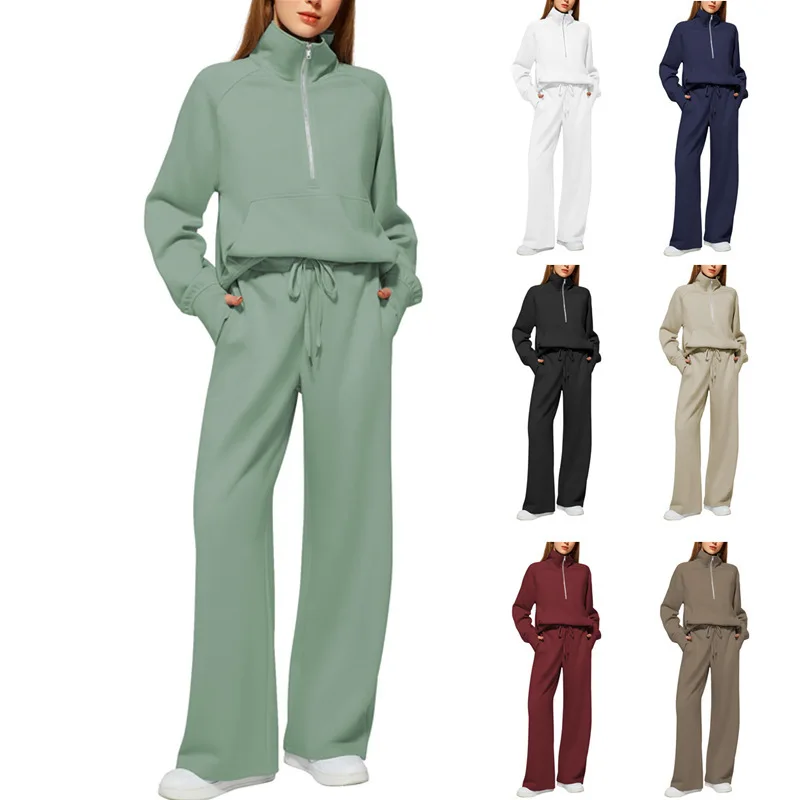 

2025 Women's Oversized Half Zip Sweatshirt Set Wide Leg Pants Athletic Lounge Set
