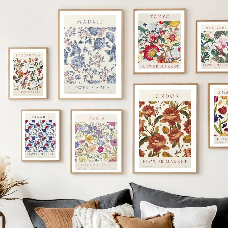 Nordic Abstract Flower City Wall Art Prints,Paris New York Madrid Travel Canvas Poster Decor,Bedroom Living Room Home Decor