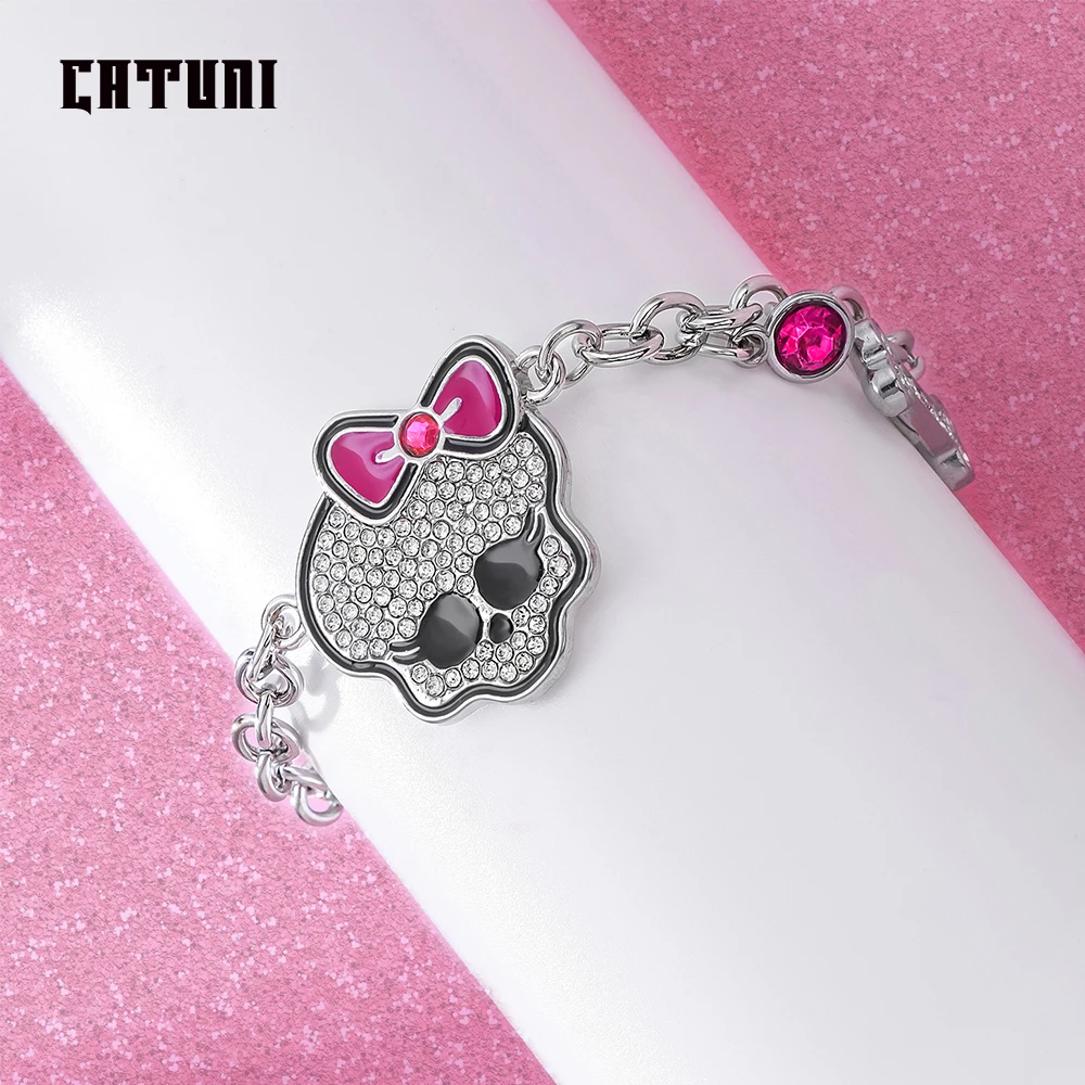 Catuni Pink Crystal Skull Bow Bracelet Punk Style Popular Jewelry Accessories Gift for Woman Girl