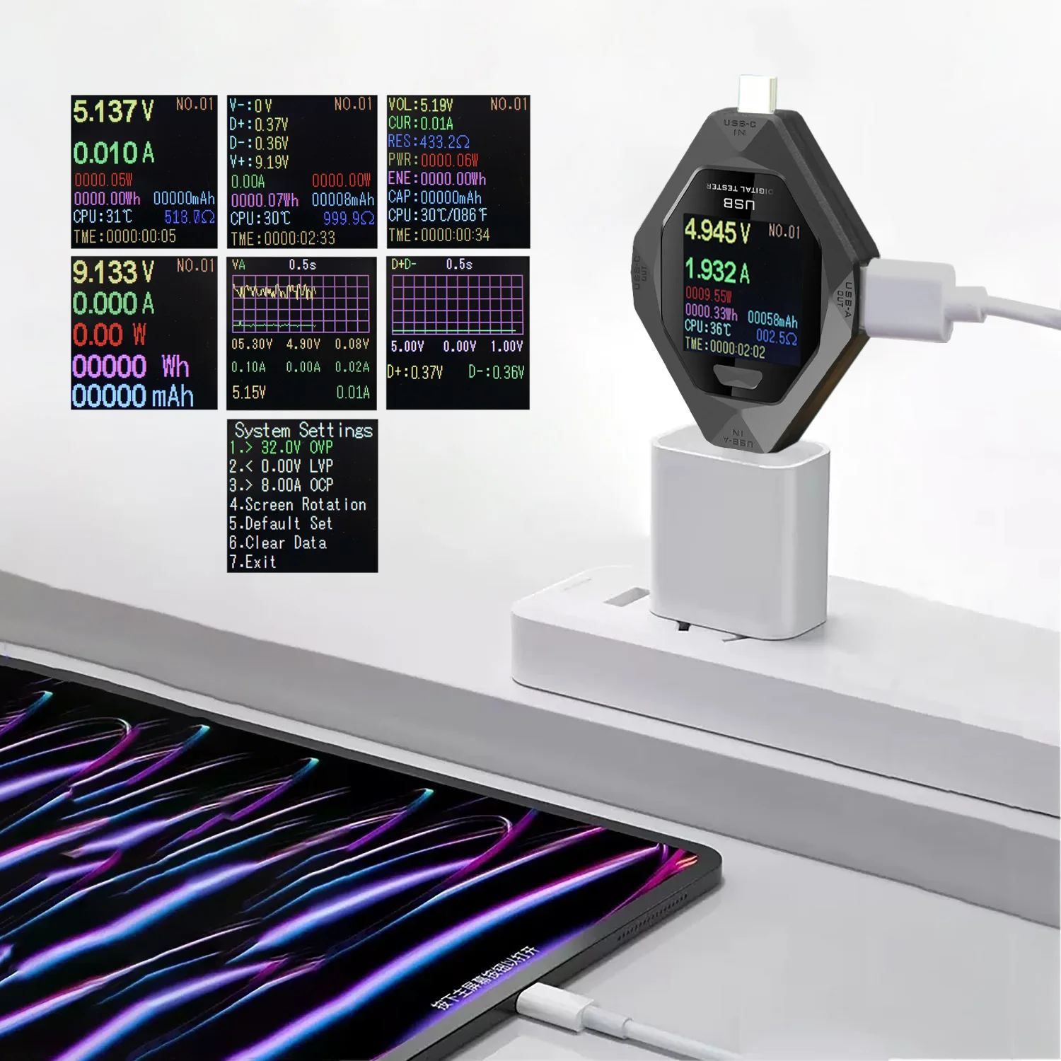 Тестер USB Type-C 3,6-32 В, цифровой интеллектуальный тестер напряжения тока 2 в 1, детектор мощности быстрой зарядки