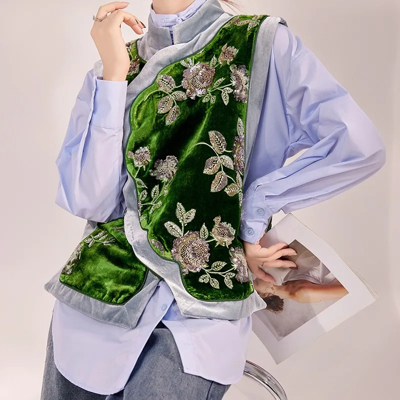 New style flower sequin waistcoat loose temperament light luxury silk blouse