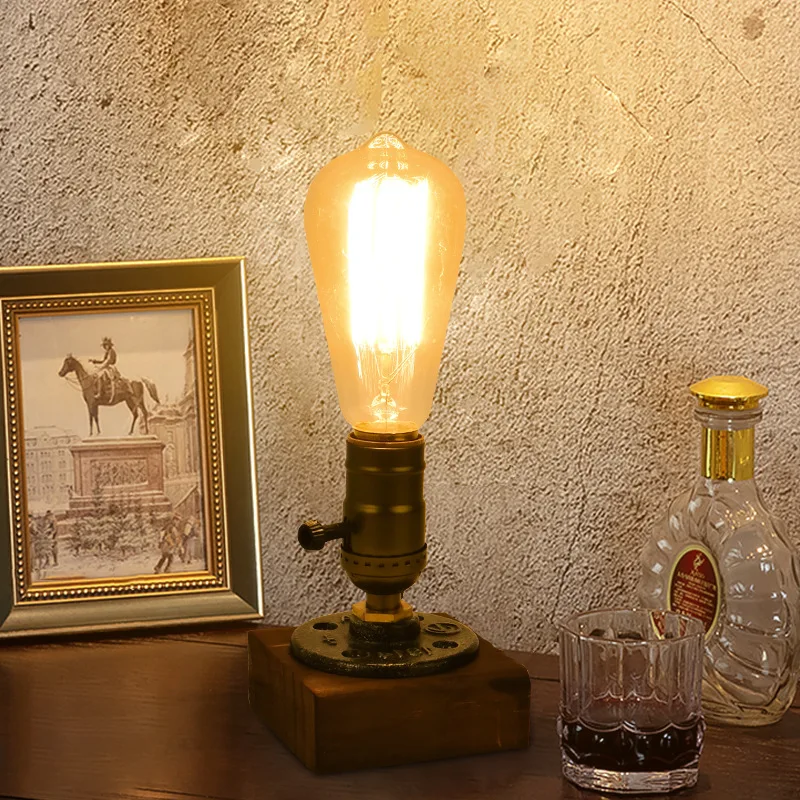 Vintage Candeeiro De Mesa De Madeira, Industrial Ferro Lâmpada De Mesa, Interruptor Regulável, Lâmpada Edison, Iluminação Bar Café, Decoração De