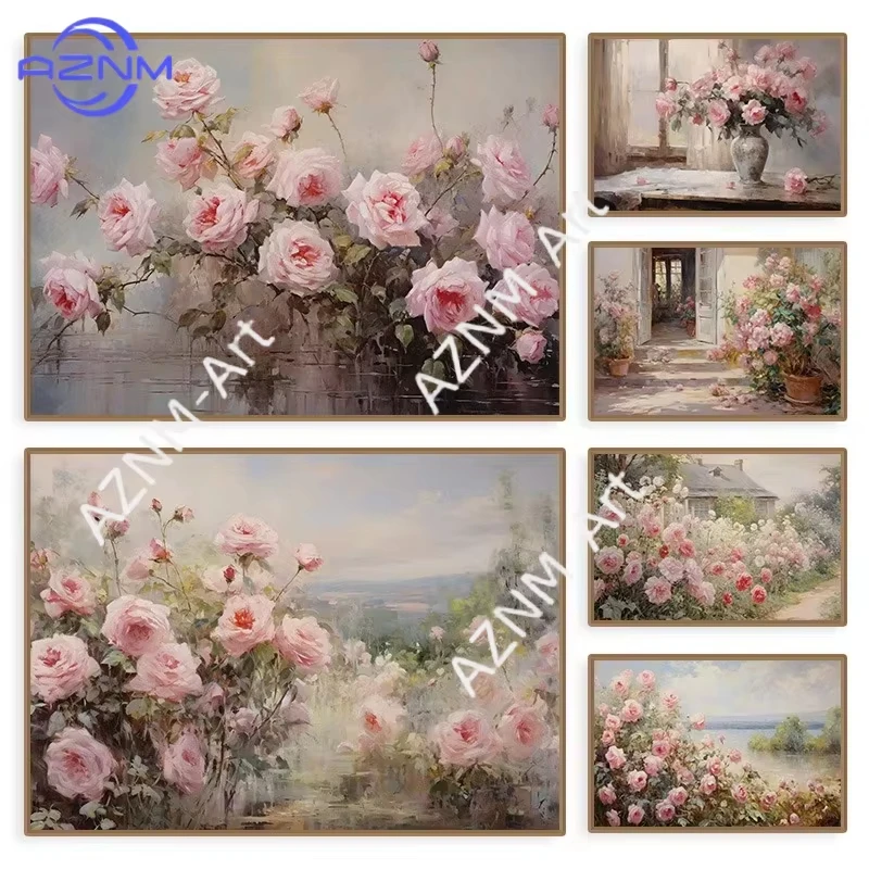 1Pc Painted Rose Garden Scenery Poster PinkRose Flower Canvas Painting Floral Cottage Wall Art Living Room Home Decore