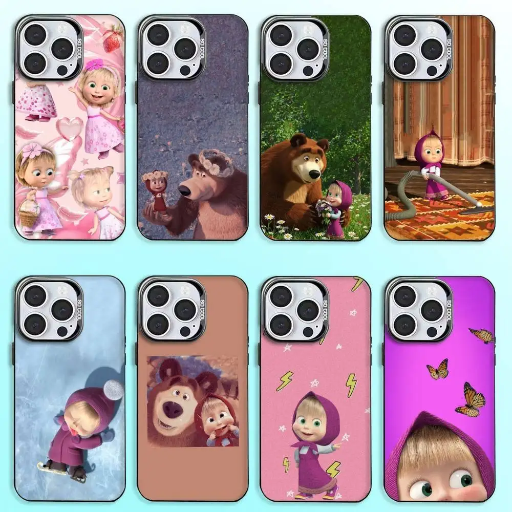 

Cute Masha and the B-Bears Phone Case For iPhone17,16,15,14,13,12,11 Plus,Pro Max Colored Silver Plated Inside Cover