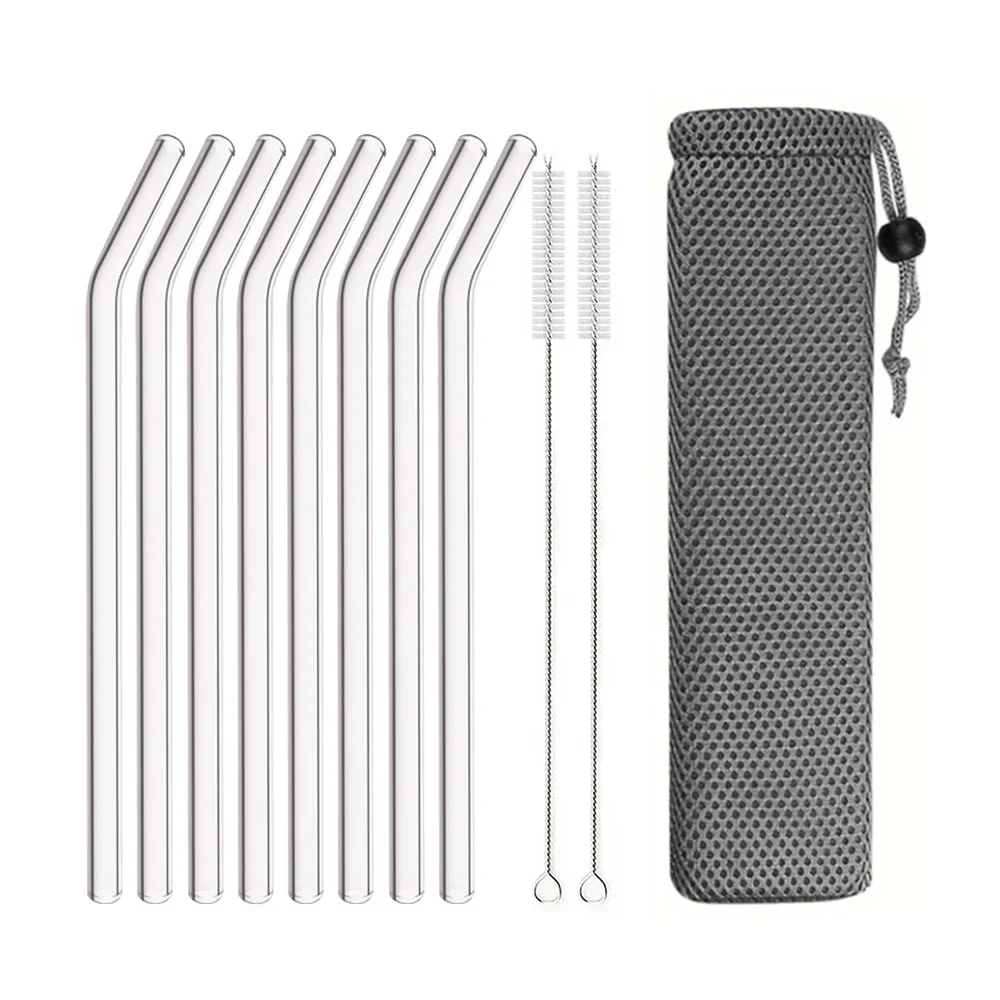 8mm High Borosilicate Glass Straw 3/5/10/11Pcs Reusable Eco Friendly Drinking Straws Set Bubble Tea Smoothies Bar Accessories