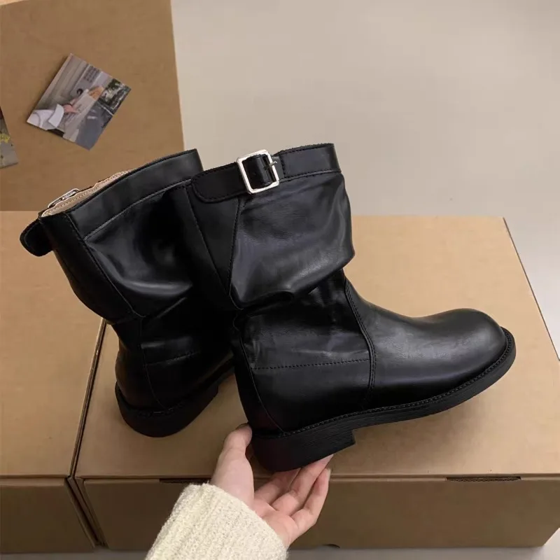 Autumn New Women's Knight Mid-calf Boots Fashion Trend Buckle Thick Bottom Short Boots Non Slip Comfortable Women Leather Shoes