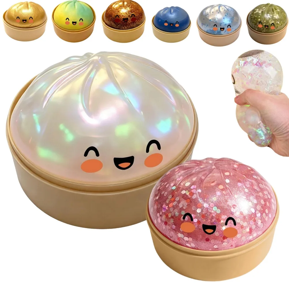 Glitter Crystal Dumpling Squishy Toy,with Steamer Box,Colorful Simulation Baozi Dumpling Slow Rising Stretchy Anti-Anxiety﻿ Toy