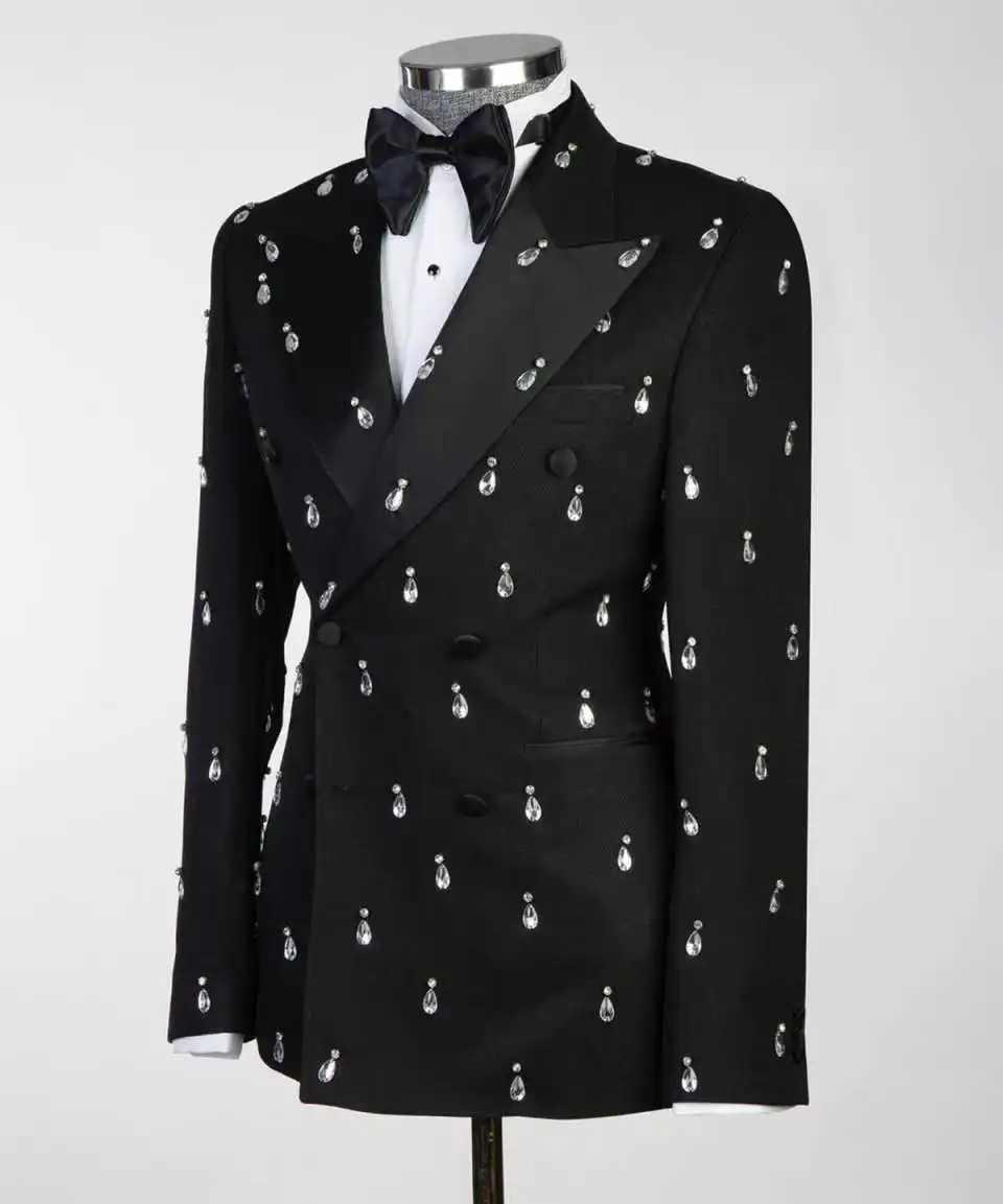 Large Crystal Groom Wedding Tuxedos2 Pieces Slim Fit Black Double Breasted Mens Suits Banquet Formal Wear