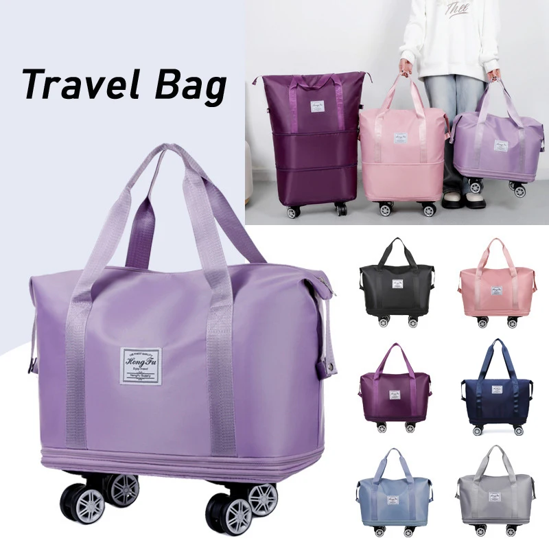 Expandable Luggage Bag with Wheels Large Capacity Dry and Wet Separation Waterproof Wearable Travel Trolley Luggage Storage Bag