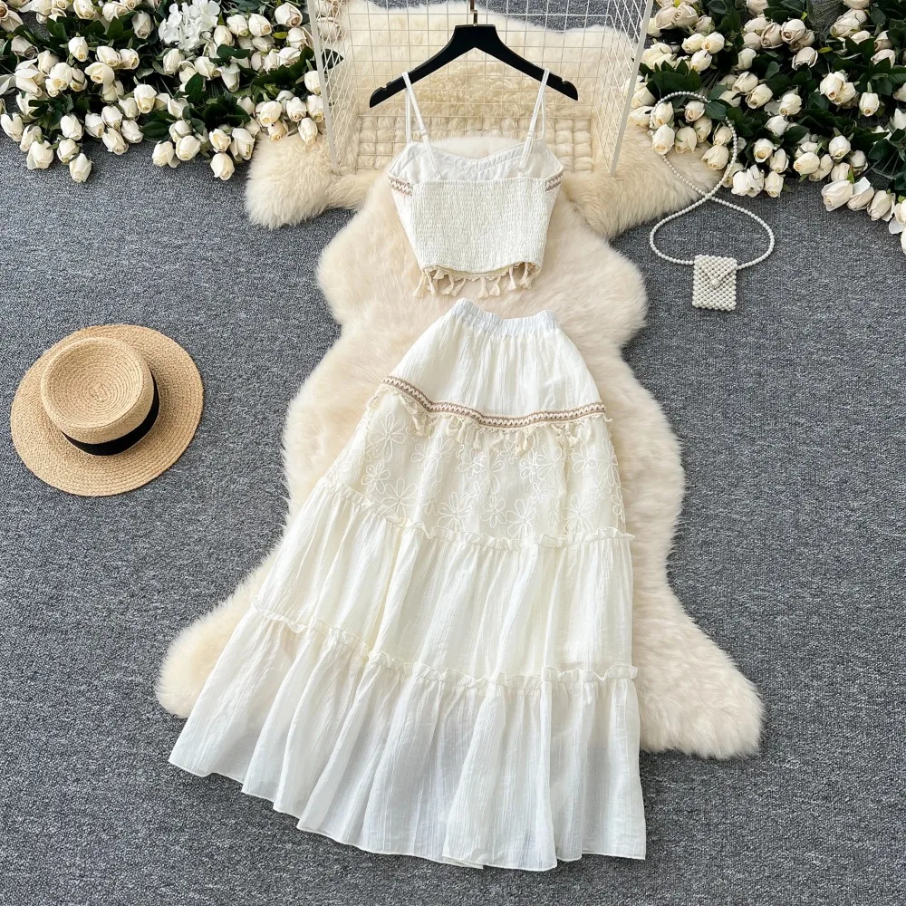 Chic Embroidered Tassel Two Pieces Sets Sexy Off Shoulder Camis Top High Waist A-line Skirt Women Fashion Spring Vacation Sets