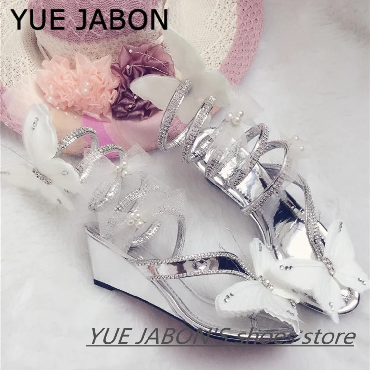 

White Lovely Wedge Heels Flower Women Sandals Fairy Summer Bow Snake Strap Rhinestone Winding Sandals Gladiator Women Sandals