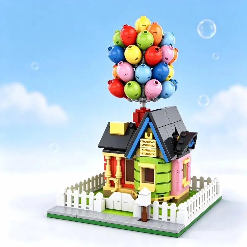 Balloon Flying House Building Blocks, Colorful Balloon Design, DIY Assembly, Desktop Decor, Ideal Gift for Hobby Collectors.