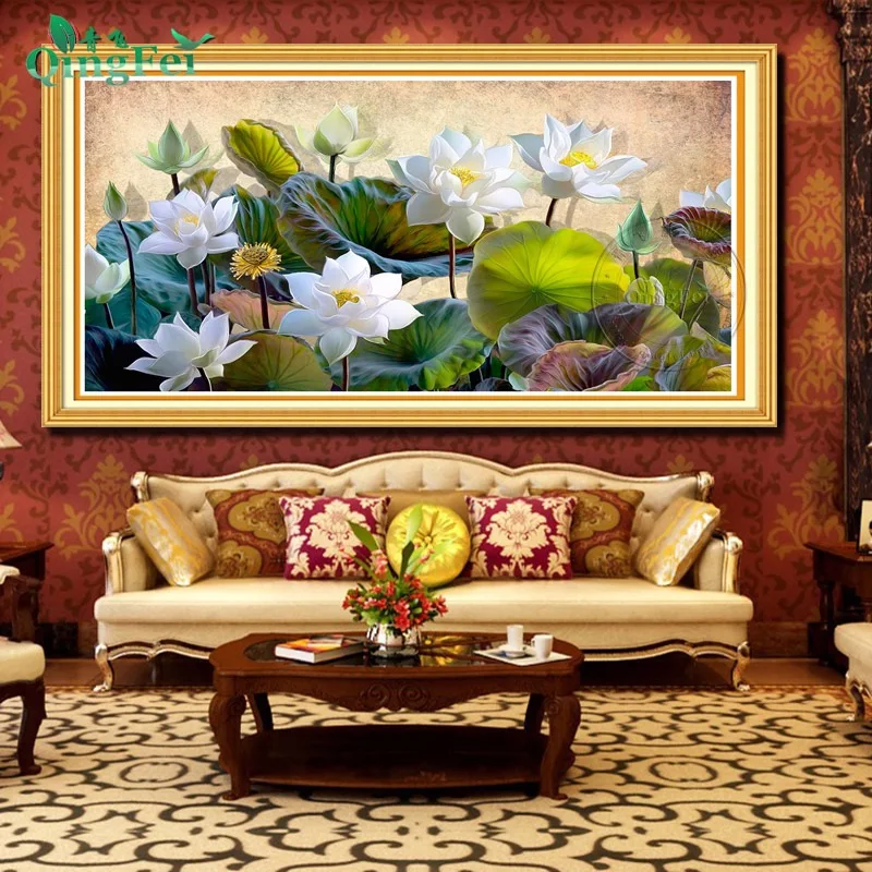

2025 Trendy Cross-stitch Full embroidery kit White,Lotus Flower Print Pattern Needlework DIY Painting Wall Room Decor Gift