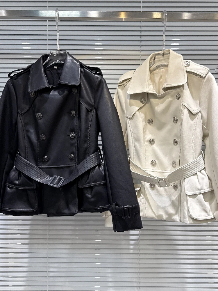 

Vintage Fashion British Style PU Leather Trench Coat Women Winter Double Breasted Belted Jacket Elegant Slim Fit Chic Outerwear