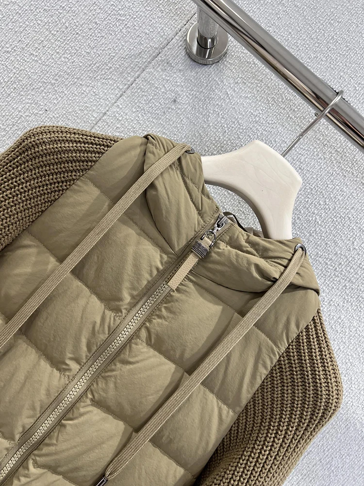 سترة شتوية عصرية بيضاء كاجوال يومية للنساء برباط مع ياقة قبعة وسحاب فضفاض وأكمام طويلة