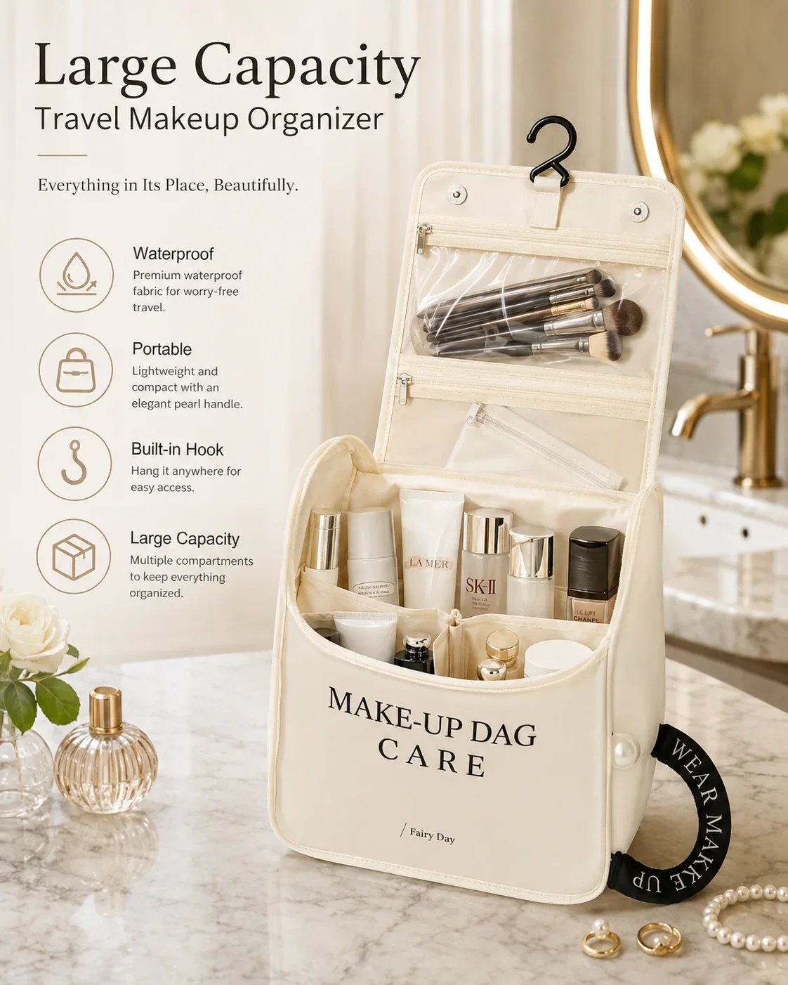 Large Capacity Hanging Makeup Bag with Pearl Handle, Waterproof Toiletry Storage for Women and Travel