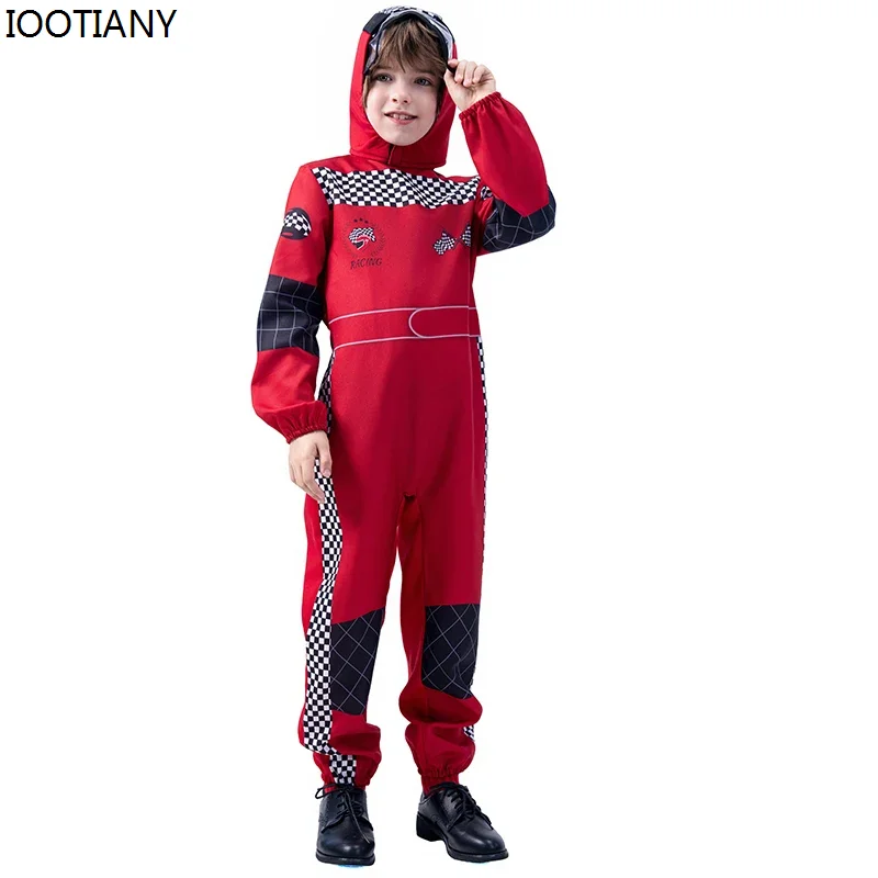 Halloween Kids Red Racer Cosplay Costume Carnival Role Play Cool Racer Uniform Boy Party Masquerade Racer Performance Dress Up