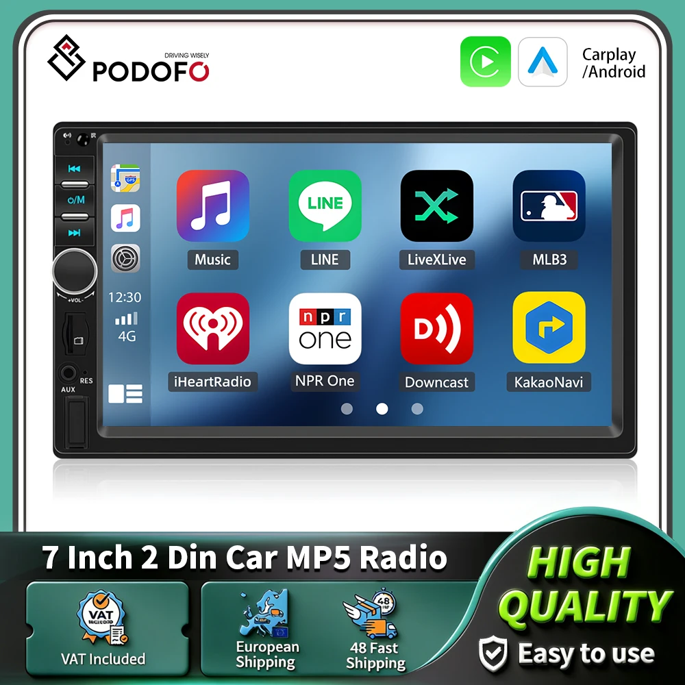 Podofo 7'' 2din Carplay MP5 Player Radio Samochodowe Stereo z Bezprzewodowym Carplay, Android Auto, Bluetooth, FM i Mirror Link