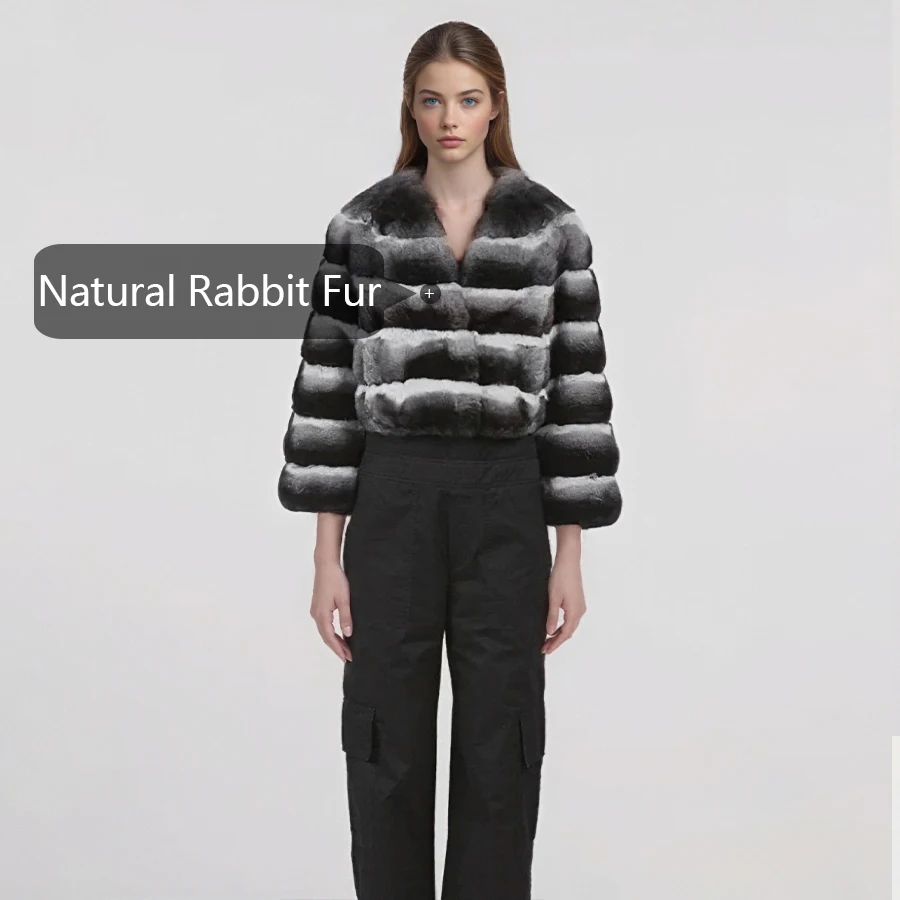 Kurzer Rex-Kaninchenfellmantel mit V-Ausschnitt, Chinchilla-farbige Jacken, Damen-Lederjacke, modischer neuer kurzer natürlicher Pelzmantel