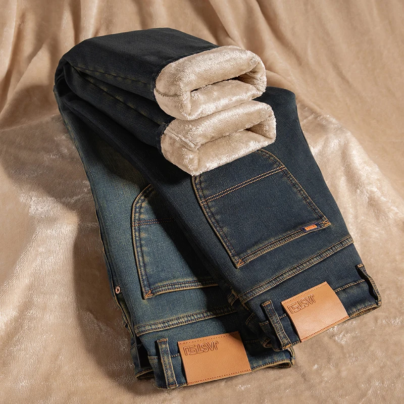 Winter Fleece Super Thick Warm Cotton Stretch Slim Straight Jeans Classic Business Casual Men's Large Size Vintage Trousers