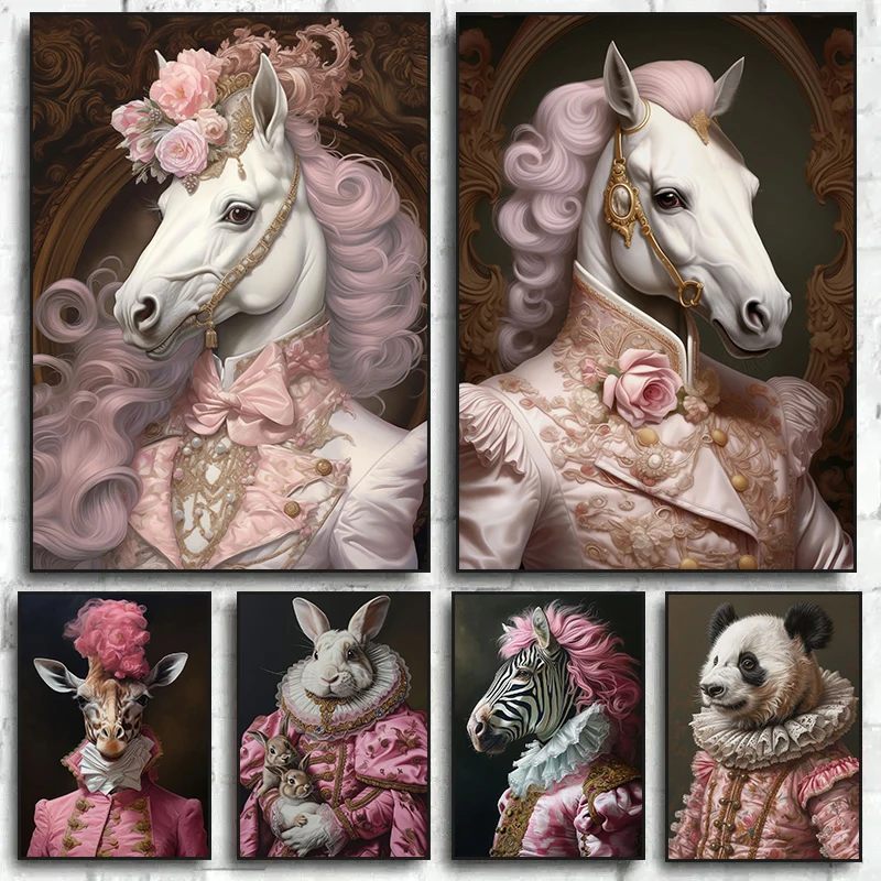 Renaissance Flamingo Rococo Giraffe Horse Bunnies Prints Art Canvas Posters Pink Animals Portrait Wall Art Pictures Home Decor