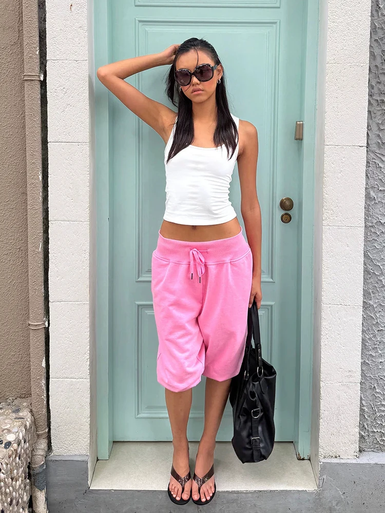 REDDACHiC Hot Pink Capri Sweatpants Women Hip Hop Summer Drawstring Elactic Waist Loose Fit Cropped Pants Y2K Causal Streetwear