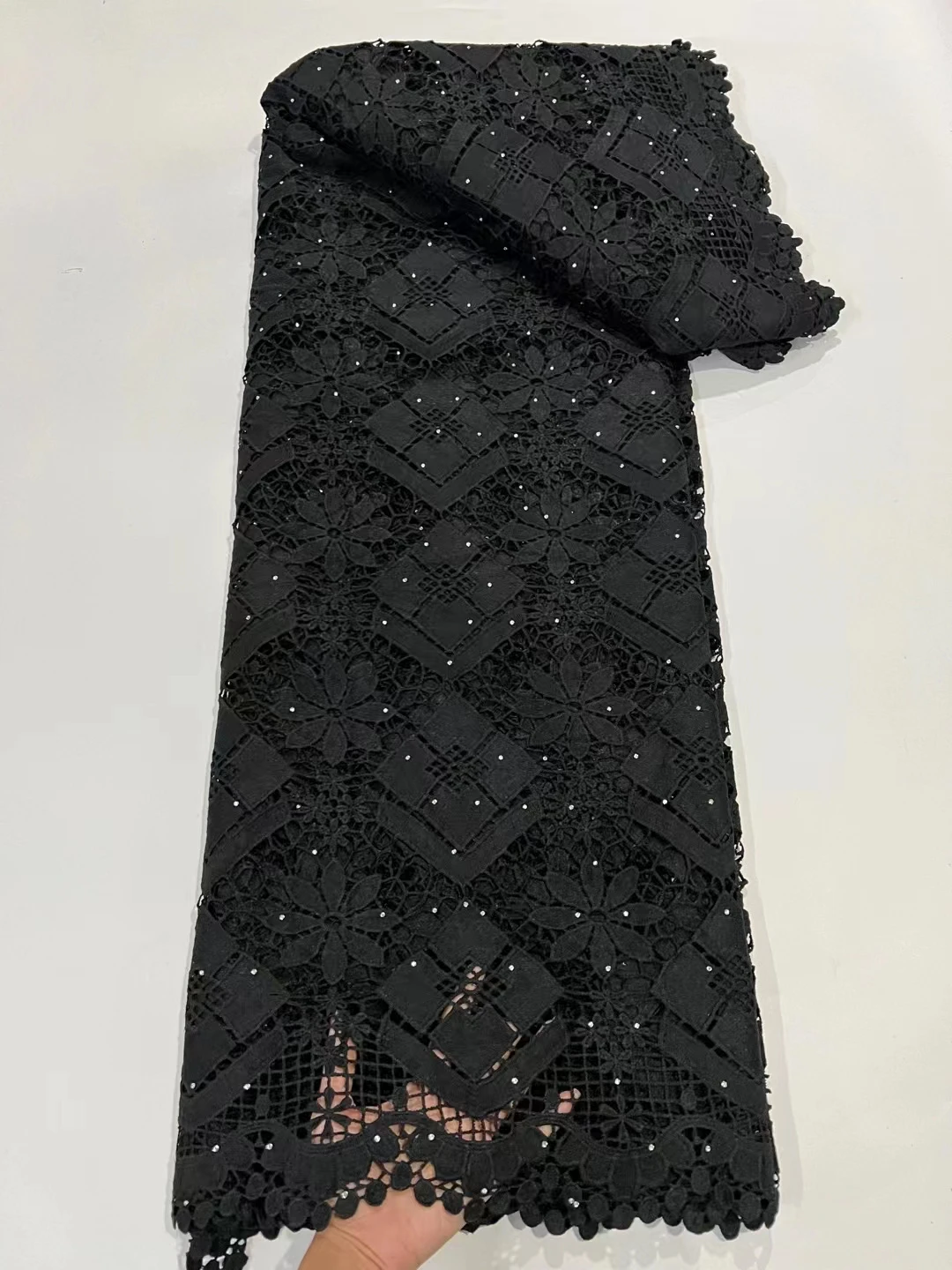 

Latest African Guipure Cord Lace Fabric With Sequins 2023 High Quality Nigerian Water Soluble Lace Fabric For Women Dress LR2303