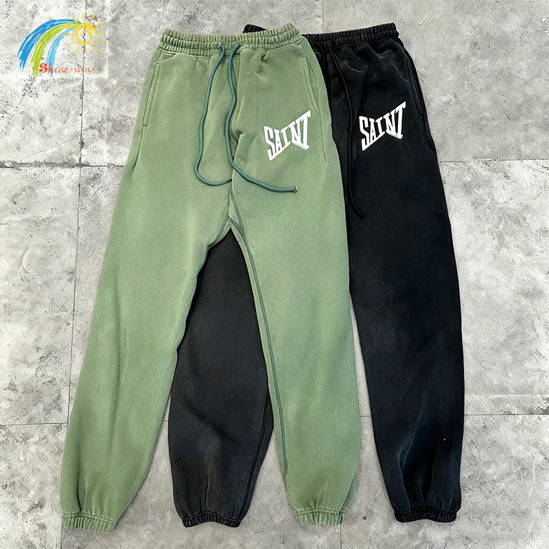 

Men Women Unisex Vintage Washed Grass Green Black Sweatpants Cotton Loose Classic Letters Logo Print Saint Pants Trousers