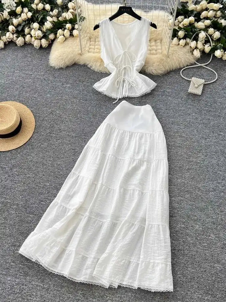 

Women White Beach Set Summer Sleeveless Lace Patchwork Vest High Waisted A-line Long Skirt Sexy Boho Outfits