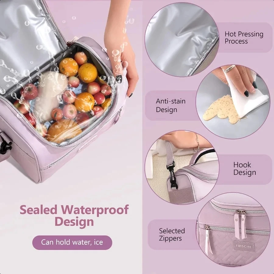 حقيبة غداء كبيرة معزولة ومبردة يدويًا وقابلة للغسل ومتينة من البوليستر مع حزام كتف مبطن للعمل والمدرسة والنزهات
