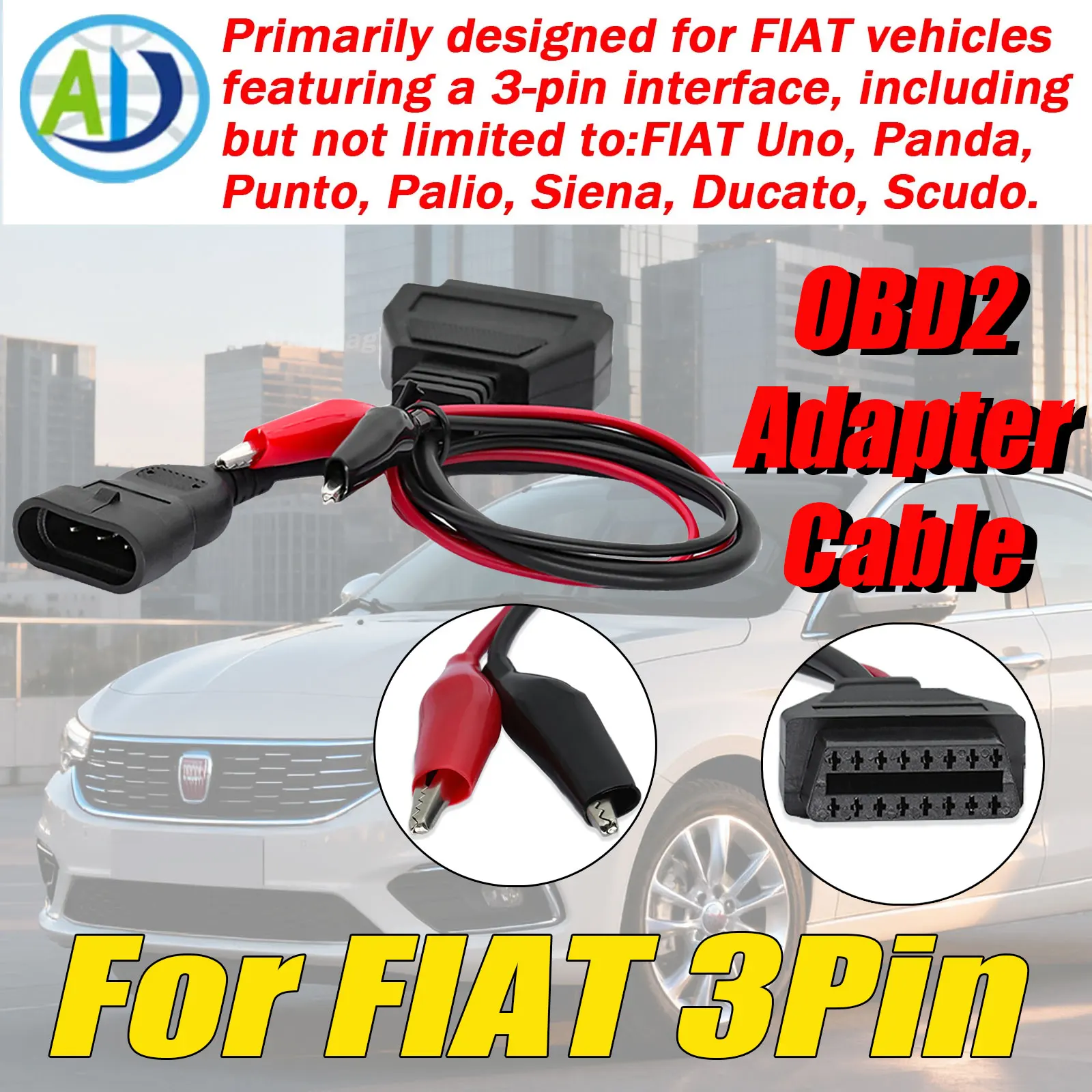 

For FIAT Panda a3 Pin OBDII Adapter Cable with 2 Clips 3 Pin To 16 Pin Auto ELM327 Car Scanner Connector OBD2 Diagnostic Cable