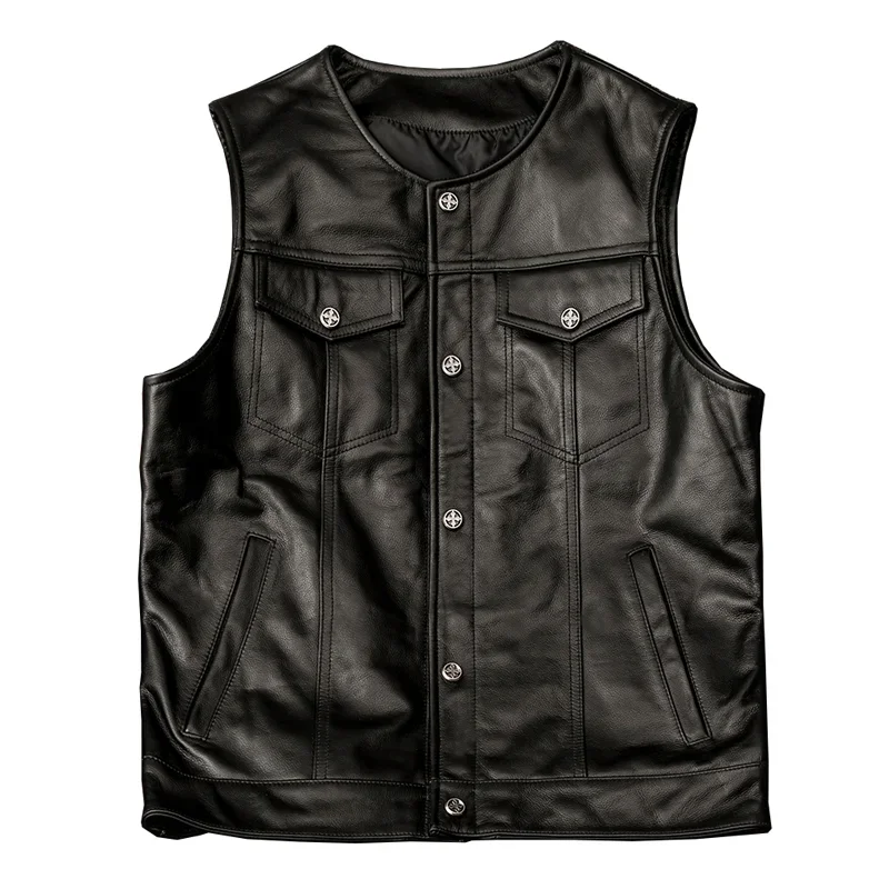 

Classical Motorcycle Biker Leather Vest Spring Genuine Leather Sleeveless Jackets 100% REAL Cowhide Punk Gilet