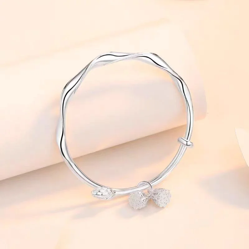 Polished Twisted Mobius S999 Sterling Silver Bracelet For Women Lotus Flower Charm Adjustable Silver Bangle