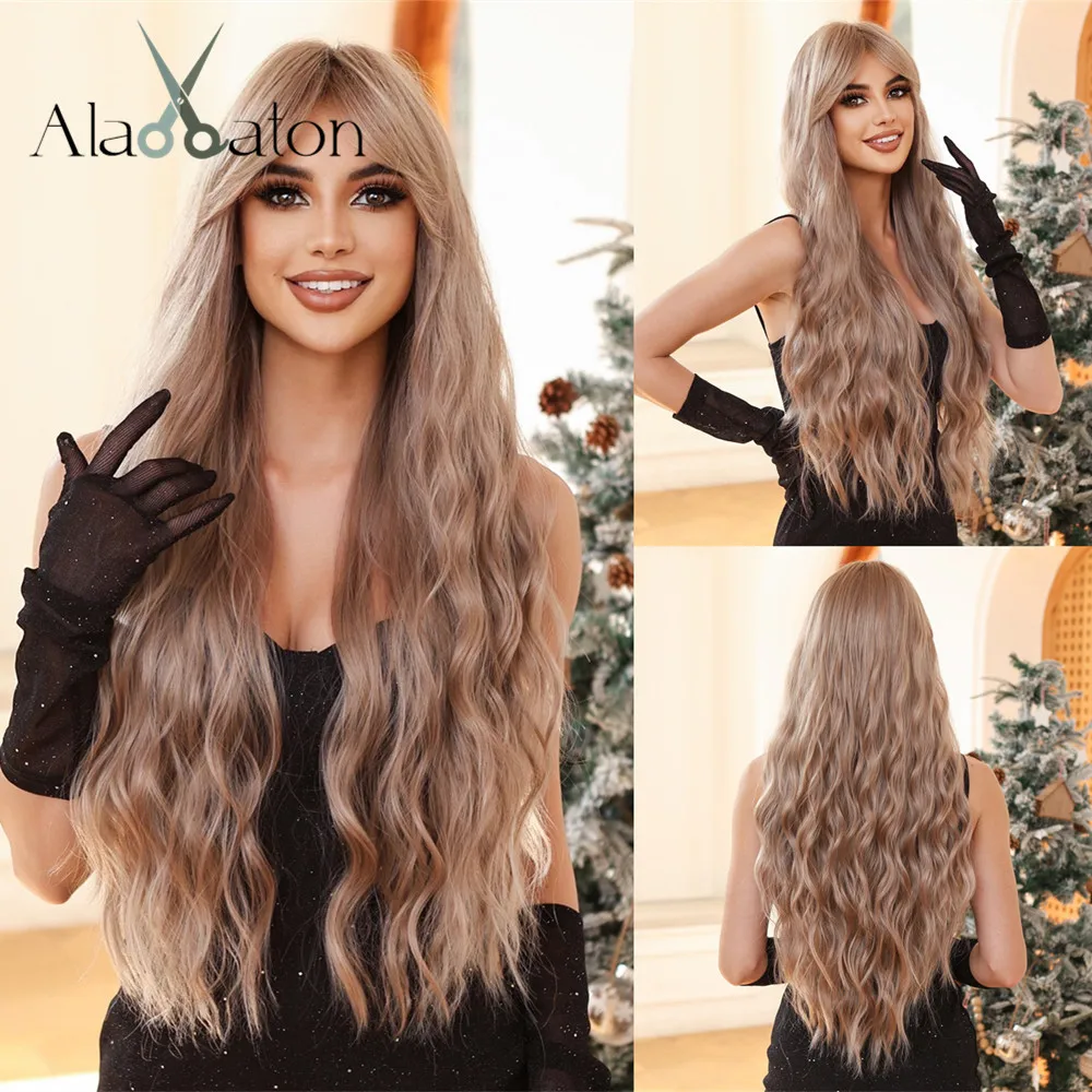 

ALAN EATON Light Brown Wavy Wig for Women with Bangs Natural Looking Synthetic Hair Heat Resistant Fiber Wig for Daily Party Use