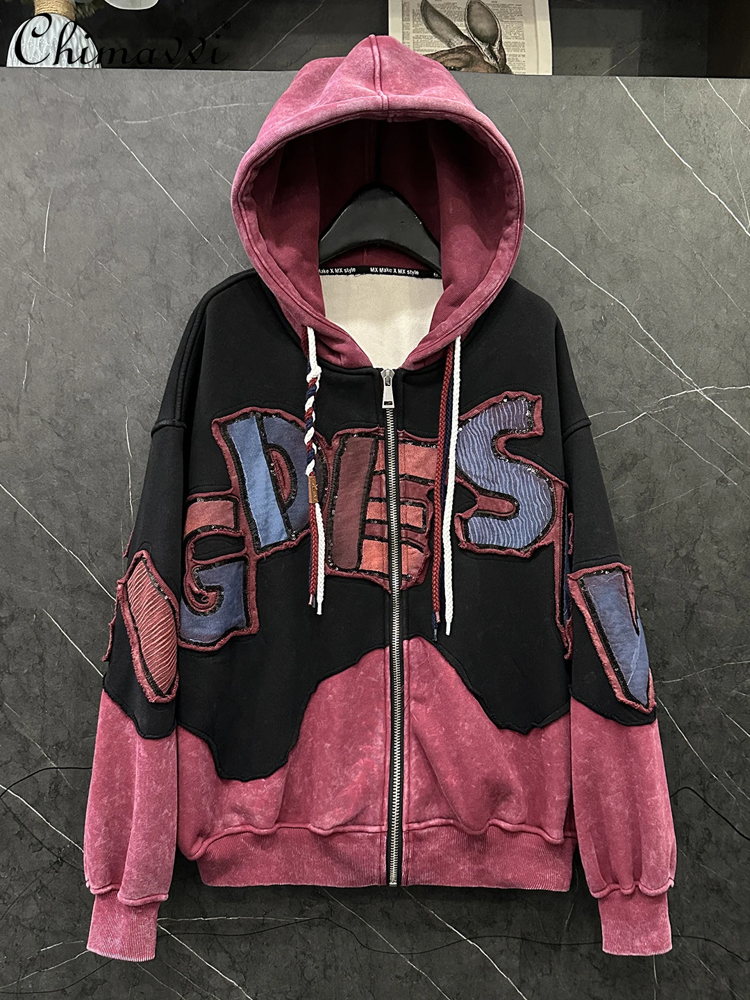 

Autumn Winter Heavy Embroidery Color Block Fleece Lined Hooded Sweatshirt Jacket Women Loose Long Sleeve Casual Streetwear Tops