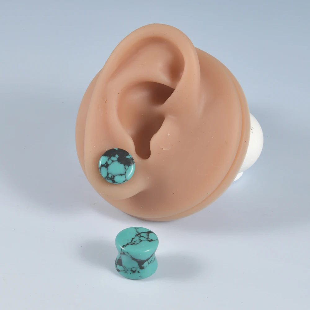 2Pcs Green Turquoise Stone Ear Plugs Gauges Earrings Double Flare Saddle Stretching Gauges Expander Ear Stretcher Body Piercing