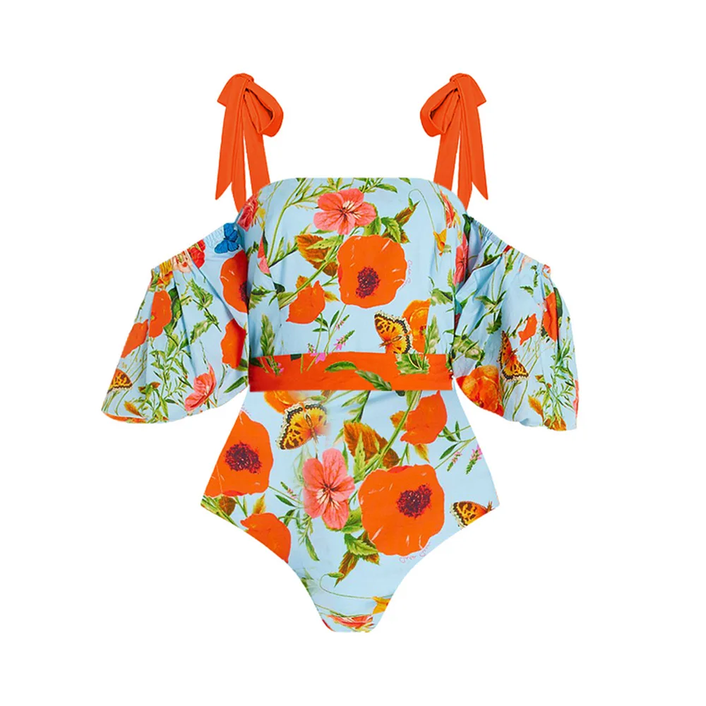 Women's Swimsuit Floral Butterfly Printing Short Sleeve Bikini & One Piece Swimsuit with Skirt