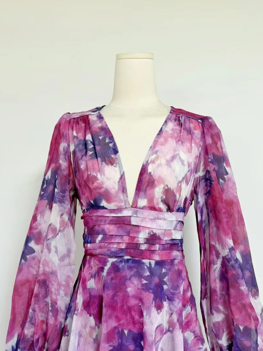 VGH Hit Color Print Slimming Short Dress For Women V Neck Lantern Long Sleeve High Waist Spliced Ruffles Dresses Female Fashion